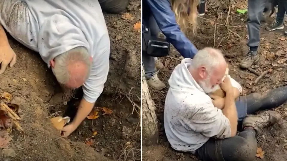 A-Frantic-Owner-Cries-After-Finding-His-Dog-Trapped-In-A-Foxhole-For-50-Hours